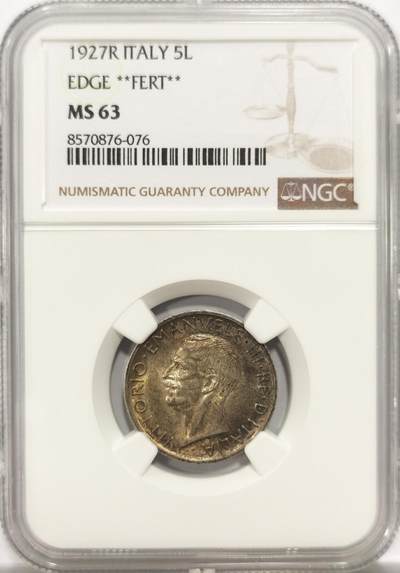博洋堂世界钱币拍卖第146期（全场包邮） - NGC MS63 意大利1927小鹰五里拉银币，底板舒服，五彩包浆非常好看，单星星版，意大利王国时期经典品种