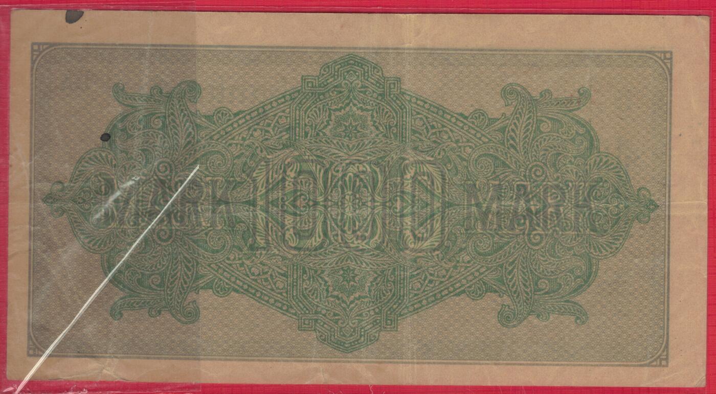 德国1922年1000马克 P-76b I种水印 黄纸印制 红号码数三无47 中间豹子号888 双尾66 实物图 八五品
