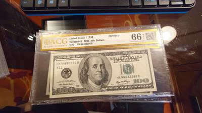 世界钱币～微拍第214期暨2025年第54期  双11评级币特惠拍 - 2006年美国100大头 爱藏66分带4尾号2296