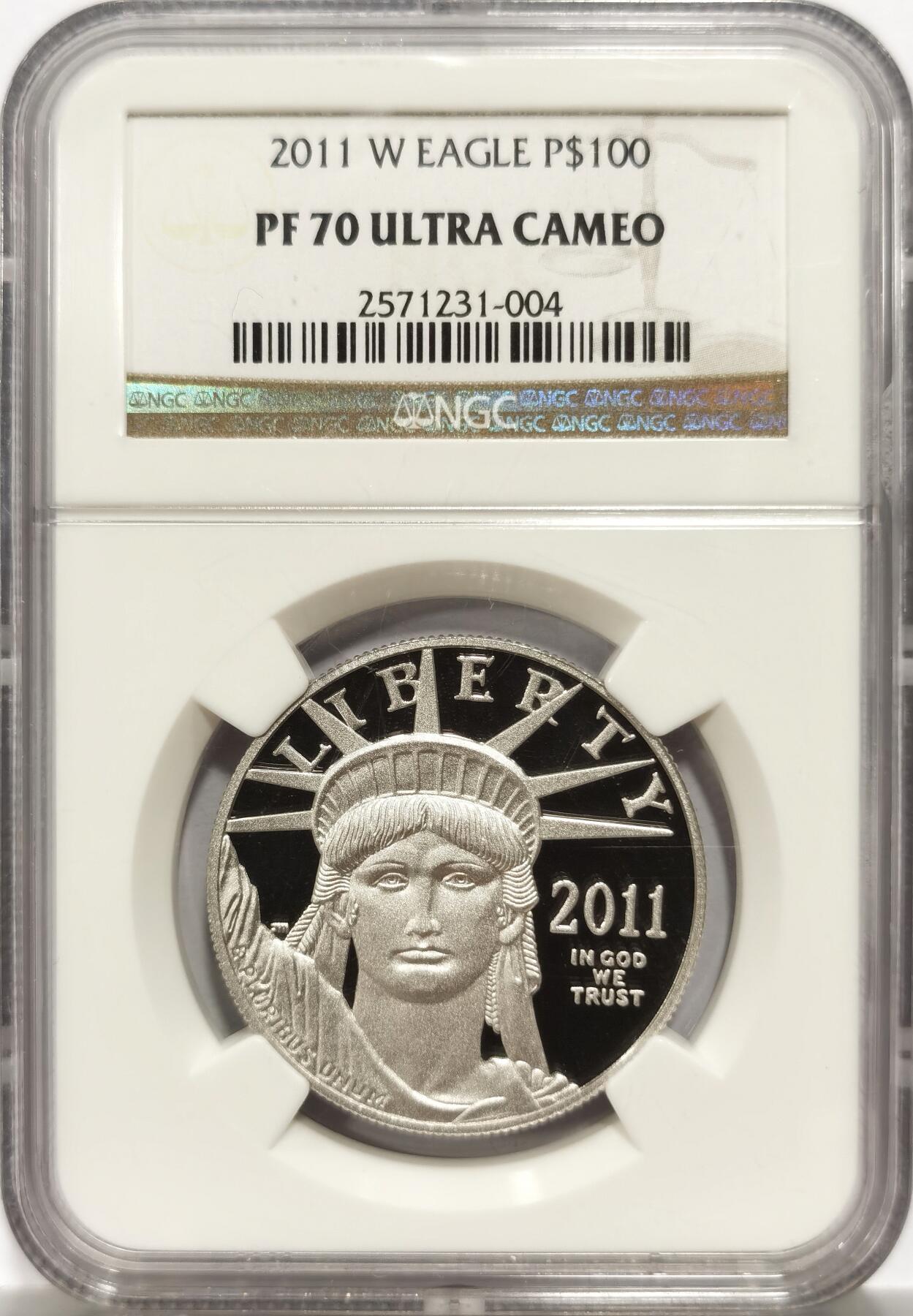 博洋堂世界钱币拍卖第146期（全场包邮） NGC PF70UC 满分镜面美国2011年女神像铂金一盎司大金币！背面田野女神像版本，不是烂大街一只鸟，国内2枚都是我带回来的没有了这是最后一个。铂金直线拉升，外币满分流入困难，11月开始13%征税更难了。