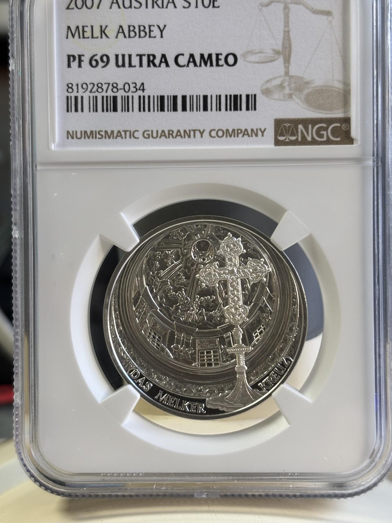 第181期拍卖 奥地利2007年发行梅尔克修道院10欧元纪念银币NGC-PF69（克劳斯获奖2009年最佳艺术银币），16克，925银，发行量40000枚