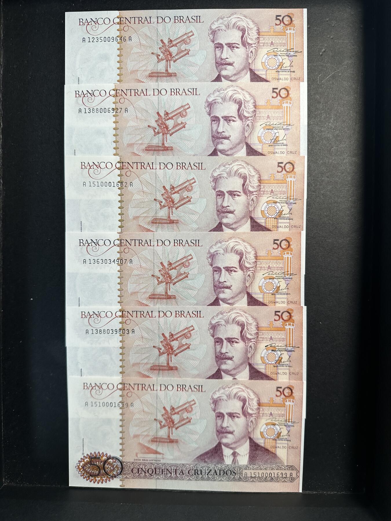 蒂克钱币-第47场 外国平价纸币拍卖 巴西 1986年 50克鲁扎多 纸币6枚 全新UNC