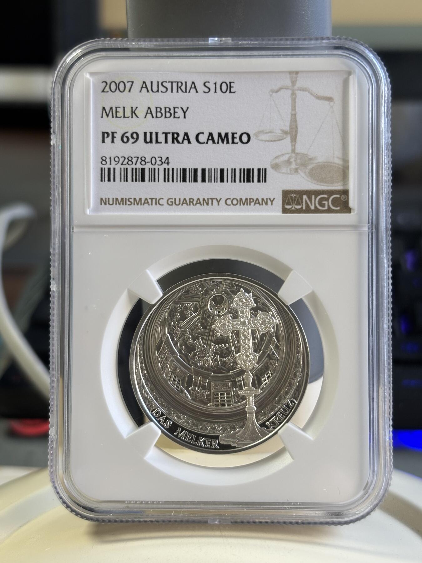 第181期拍卖 奥地利2007年发行梅尔克修道院10欧元纪念银币NGC-PF69（克劳斯获奖2009年最佳艺术银币），16克，925银，发行量40000枚