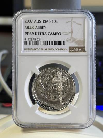 第181期拍卖 - 奥地利2007年发行梅尔克修道院10欧元纪念银币NGC-PF69（克劳斯获奖2009年最佳艺术银币），16克，925银，发行量40000枚