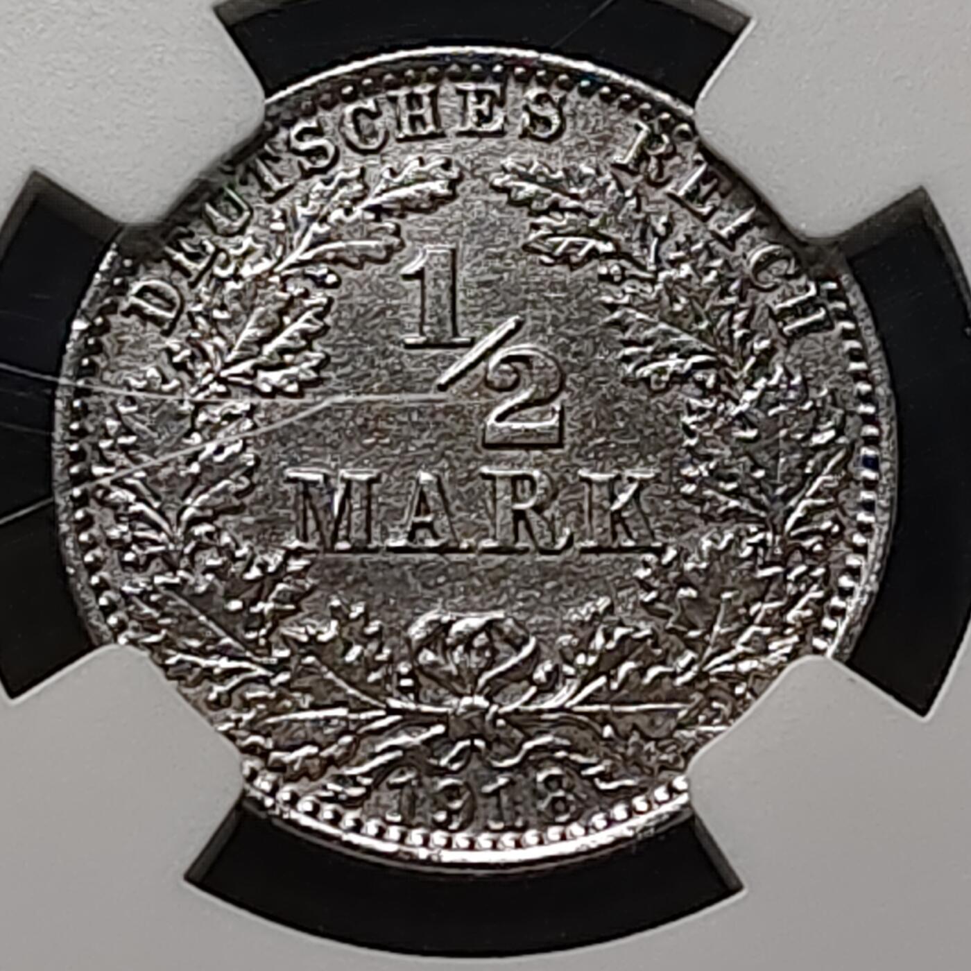 【全场包邮】纯粹捡漏拍477场（免费代拍第14场）调整中 德国第二帝国1918年A厂1/2马克银币-NGC AU DETAILS