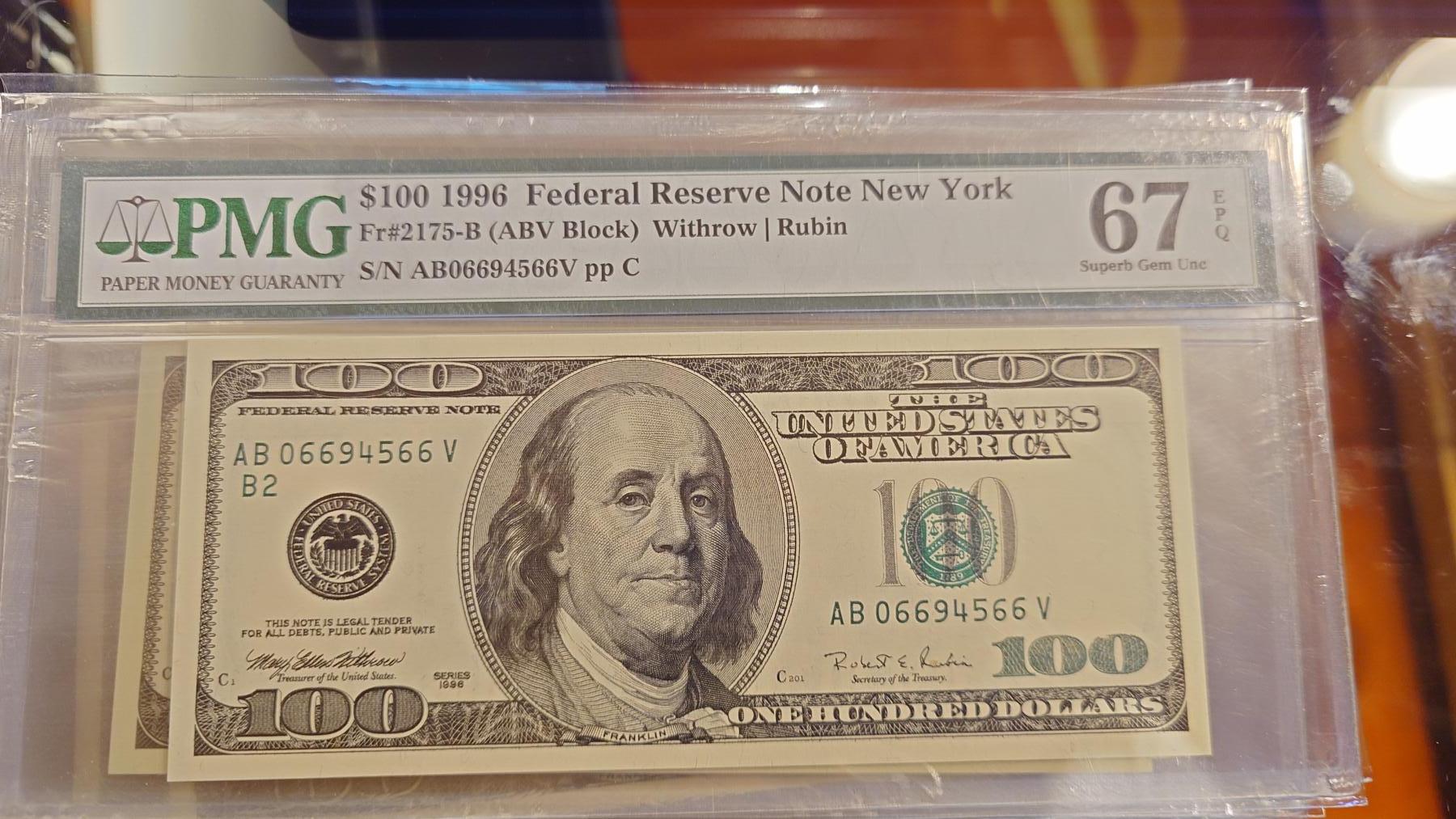 世界钱币～微拍第214期暨2025年第54期  双11评级币特惠拍 1996年美国100元 PMG67E高分 尾号4566