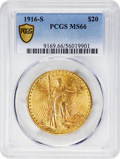 【Blue Auction】世界纸币精拍第749期——18级TOP拍卖/信誉/品质/专业/高效💫 -  【冠军分仅66+ 仅7枚更高分】美国 1916-S 20美金 重33.44克 行走自由女神双鹰金币 旧金山造币厂 光度感人 细节清晰 底板丝滑 PCGS MS66 收藏级高分（66+拍了10.8万美金 多半分溢价太多 此枚性价比高很多）