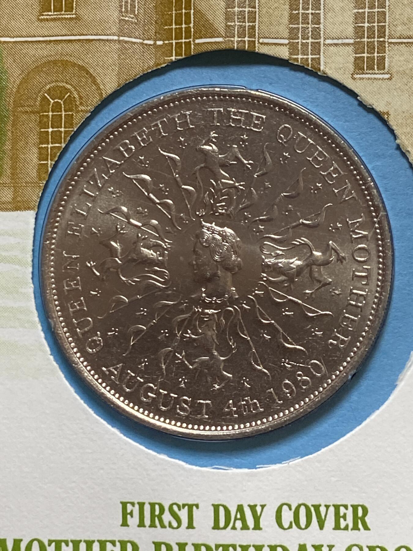 2025年第一百二十八场(总第一百五十四场）外国好品散币、邮币封和邮票场(免佣金) 邮币封–英国🇬🇧1980年25便士纪念币(伊丽莎白二世女王母亲80岁寿辰纪念封)