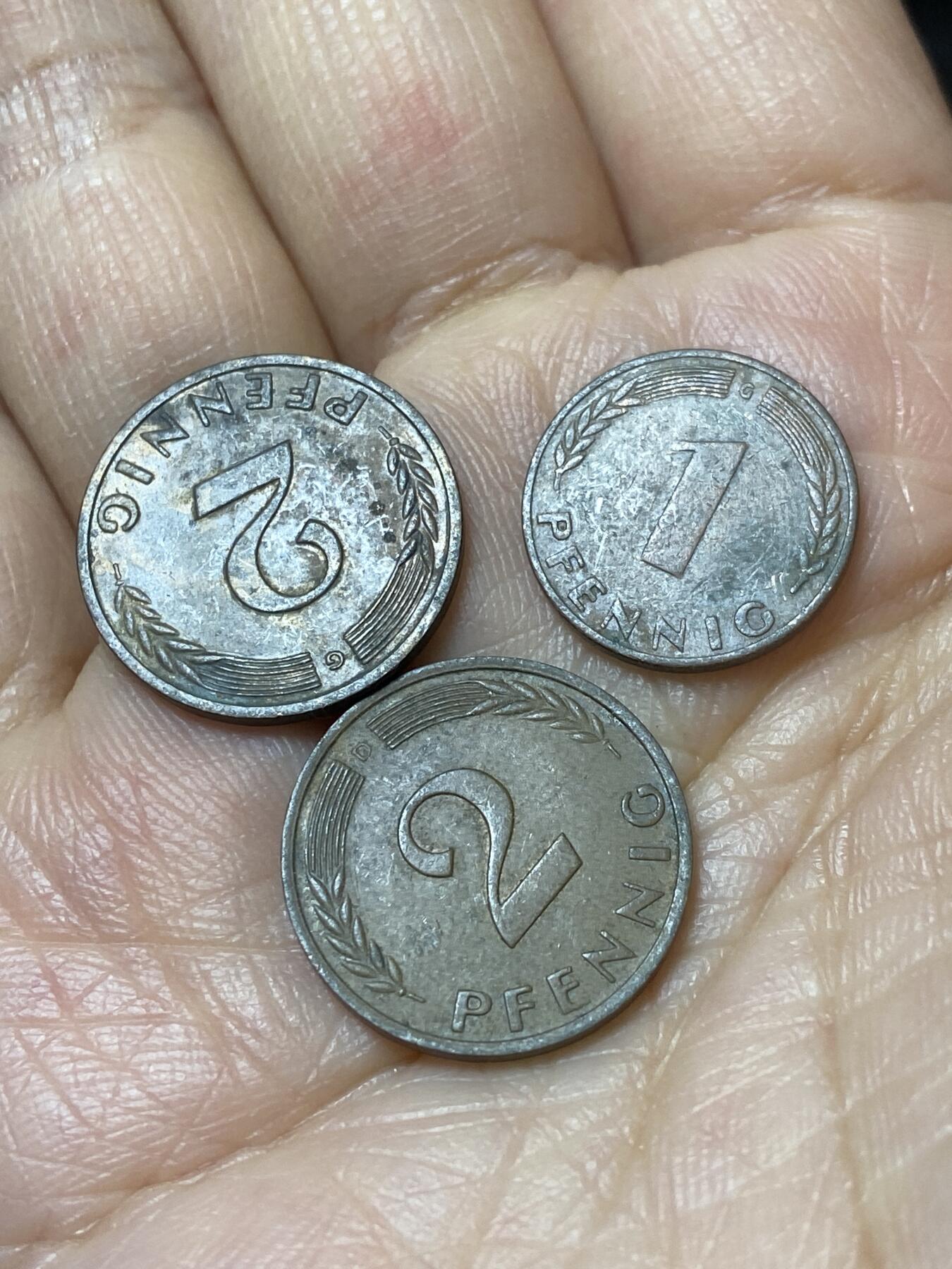 2025年第一百二十七场(总第一百五十三场）外国好品章牌、散币(免佣金) 德国散币🇩🇪3枚：1950年1芬尼2芬尼(首发年)，1961年2芬尼