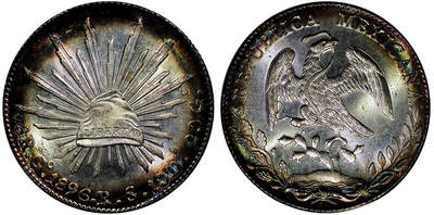 北京阿城哥拍卖2025年秋季拍卖会 - 1895年墨西哥“鹰洋”8瑞尔银币一枚，原光环彩PCGS MS65评级编号：89489217