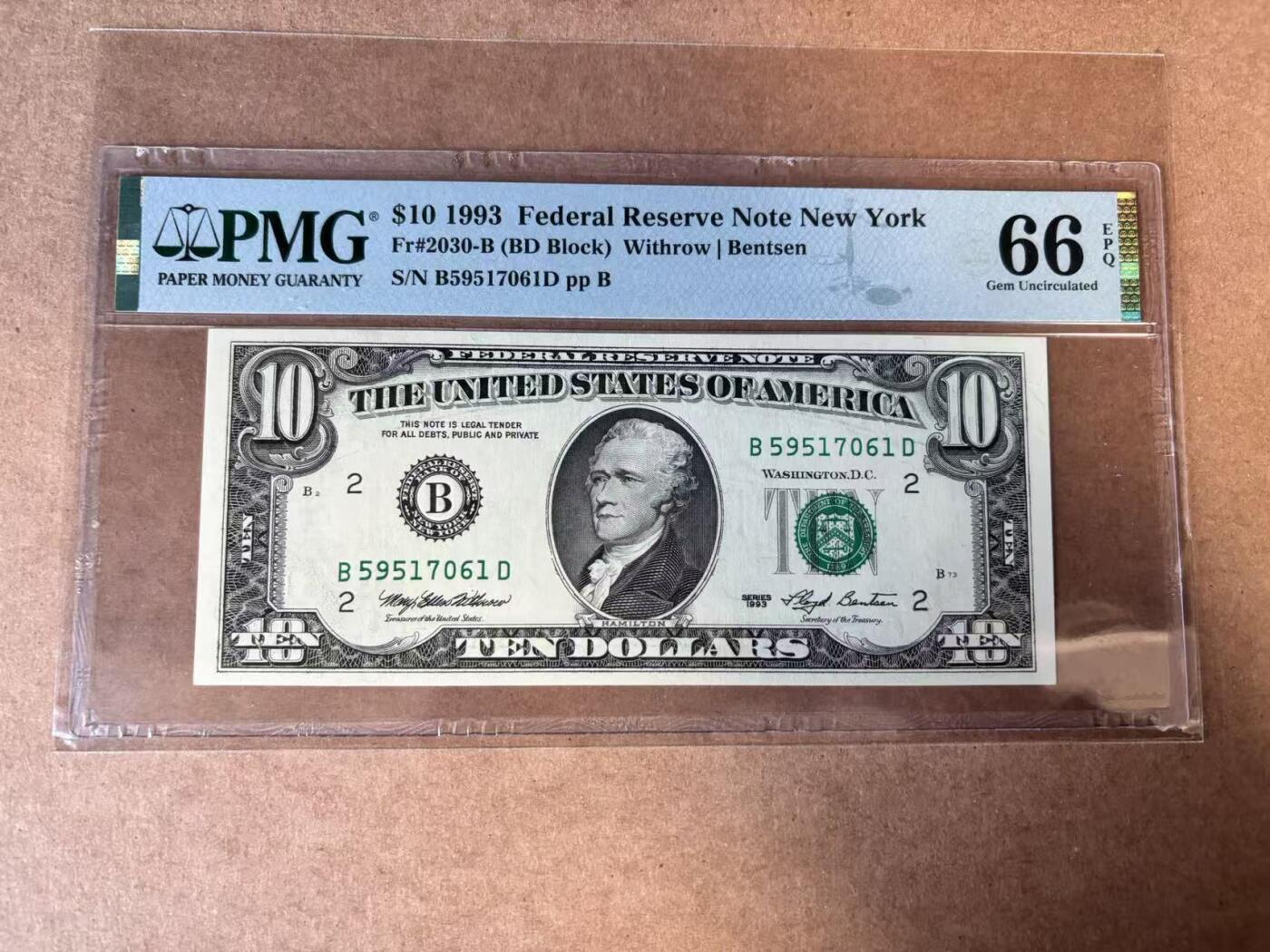 【Blue Auction】世界纸币精拍第749期——18级TOP拍卖/信誉/品质/专业/高效💫 美国 1993年10美金 PMG66EPQ
