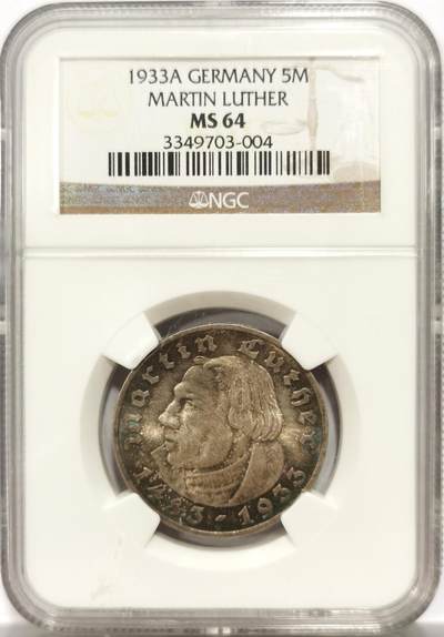 博洋堂世界钱币拍卖第146期（全场包邮） - NGC MS64 德国1933年A版马丁路德5马克银币