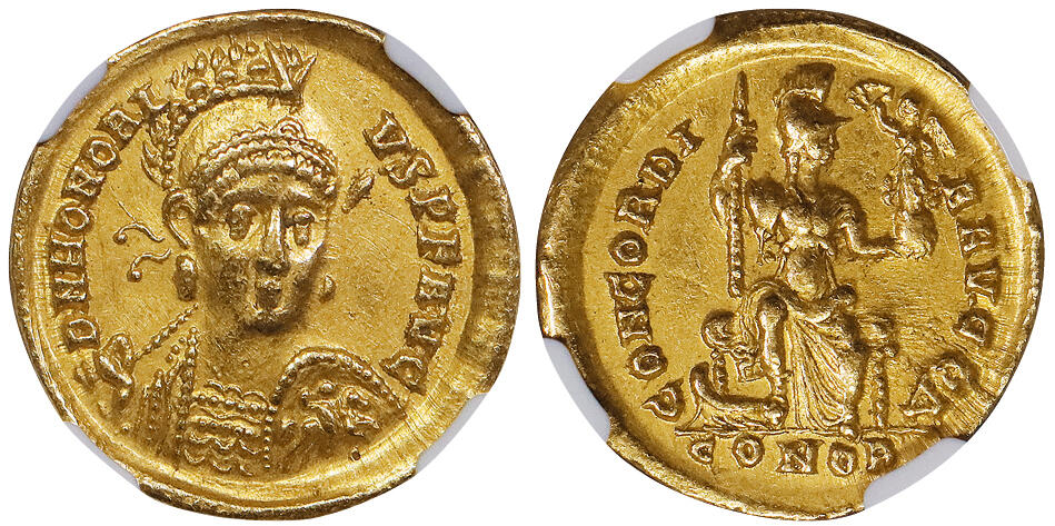 北京阿城哥拍卖2025年秋季拍卖会 公元393年西罗马帝国霍诺留皇帝索利多金币一枚 NGC Ch XF评级编号：2411654-001