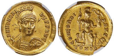 北京阿城哥拍卖2025年秋季拍卖会 - 公元393年西罗马帝国霍诺留皇帝索利多金币一枚 NGC Ch XF评级编号：2411654-001