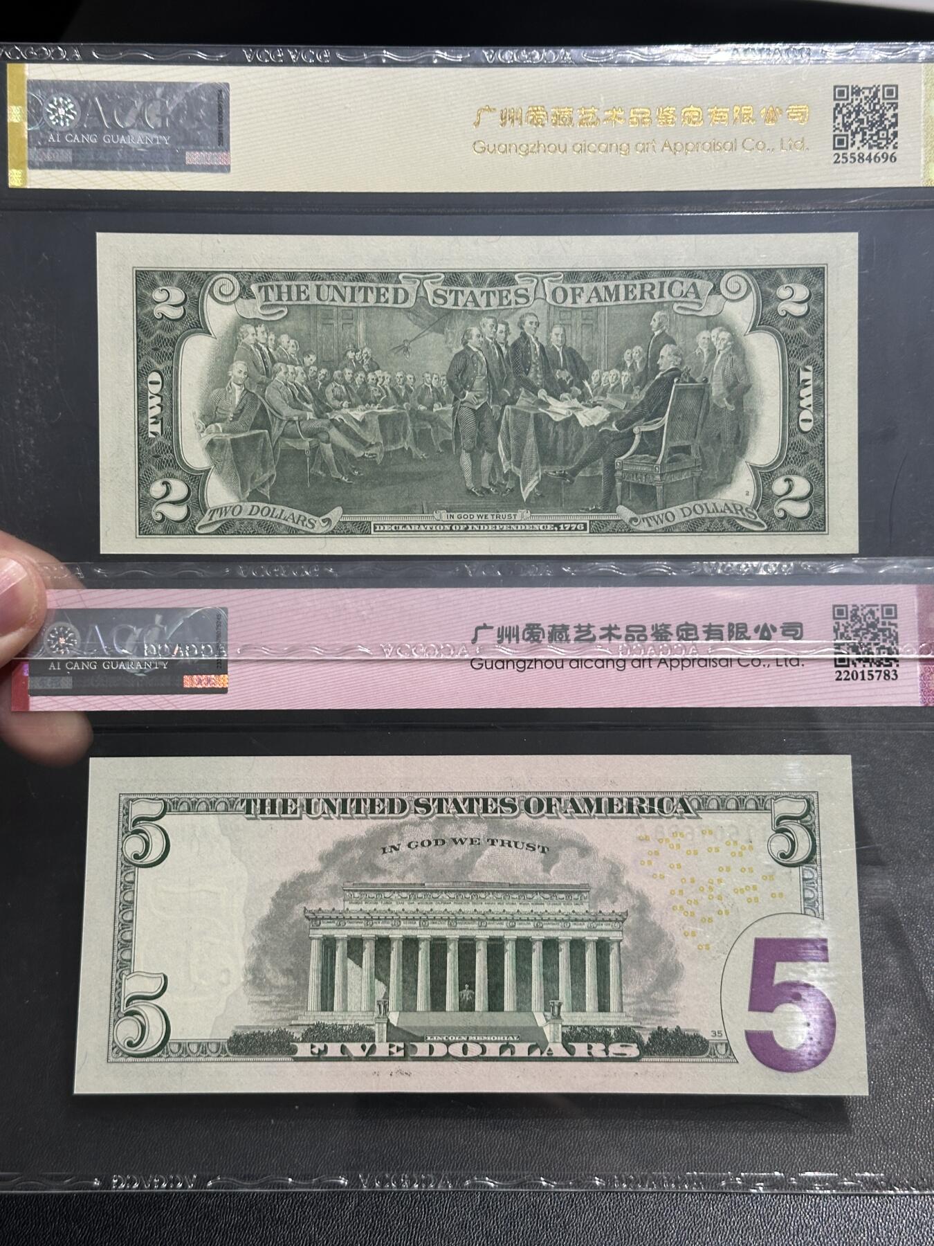 《外钞收藏家》第五百八十四期（优质场）（本平台长期征集拍品、欢迎藏友们联系合作） 1976年美国2美元+2017年5美元 爱藏评级67