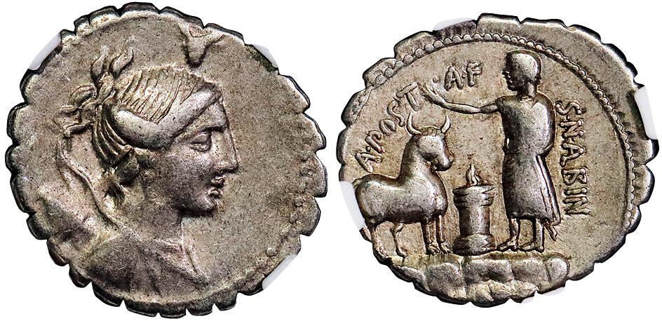 北京阿城哥拍卖2025年秋季拍卖会 公元前81年罗马共和国迪纳里银币一枚，（铸币官阿尔比努斯，正面黛安娜像背面罗马公民在准备献祭仪式）NGC VF评级编号：6766343-039