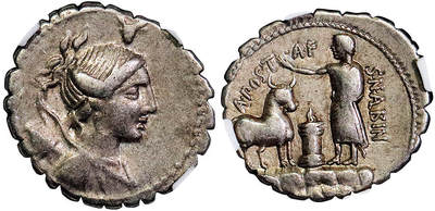 北京阿城哥拍卖2025年秋季拍卖会 - 公元前81年罗马共和国迪纳里银币一枚，（铸币官阿尔比努斯，正面黛安娜像背面罗马公民在准备献祭仪式）NGC VF评级编号：6766343-039