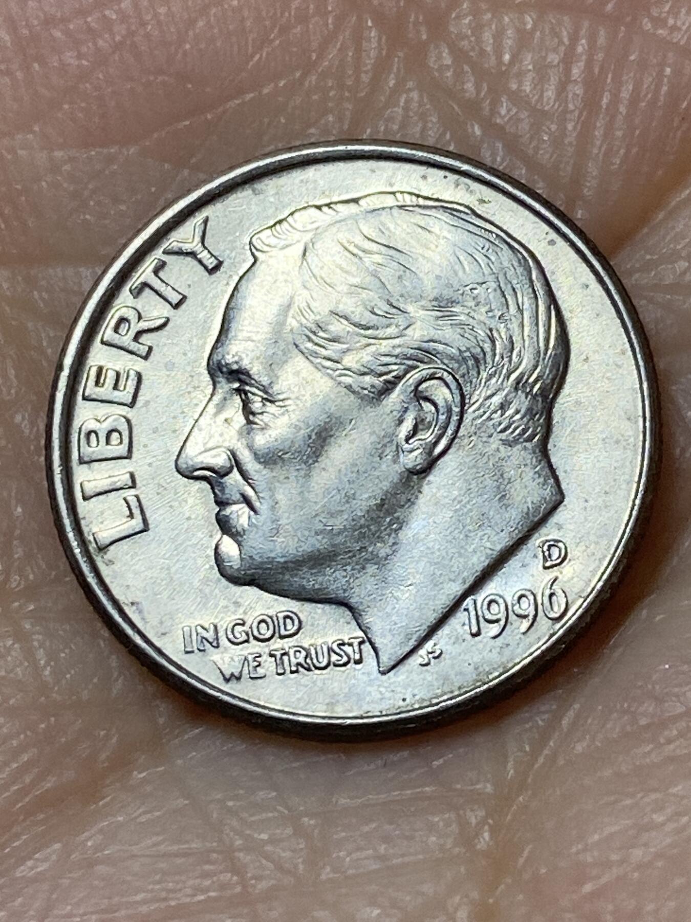 2025年第一百二十七场(总第一百五十三场）外国好品章牌、散币(免佣金) 美国🇺🇸1996年1角(罗斯福1角第二版，D标丹佛造)