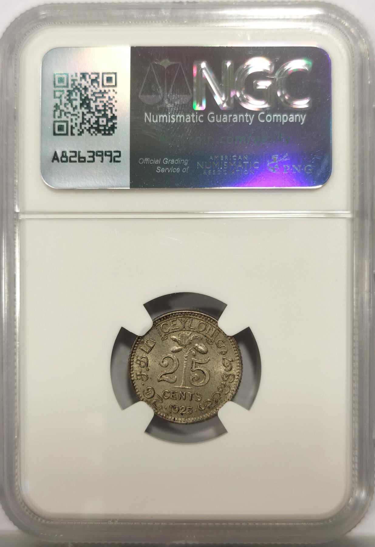 博洋堂世界钱币拍卖第146期（全场包邮） NGC MS63 英属锡兰1925年乔治五世二十五分银币，原色银光，品相不错，国外挺贵的品质，图案非常有地域风情