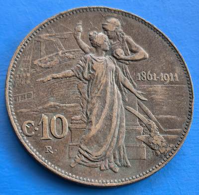 外国优质老铜币银币，周六九点倒数截拍，满百包邮，可寄存半年，喜欢朋友微信扫描二维码可直接参拍 - 意大利1911年建国百年10分纪念币，直径30mm，重约10克左右