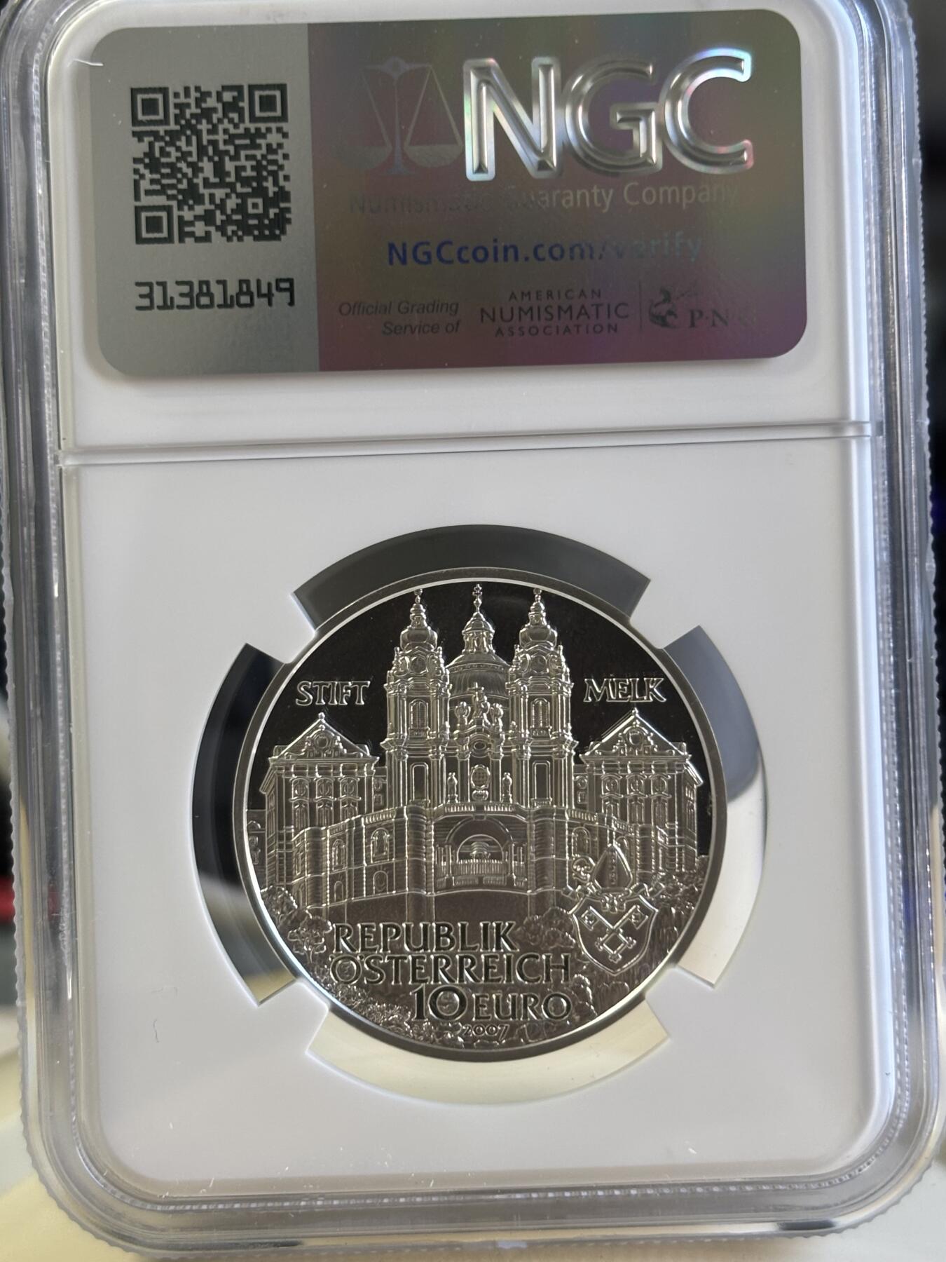 第181期拍卖 奥地利2007年发行梅尔克修道院10欧元纪念银币NGC-PF69（克劳斯获奖2009年最佳艺术银币），16克，925银，发行量40000枚