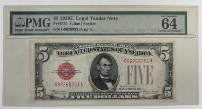 《外钞收藏家》第五百八十四期（优质场）（本平台长期征集拍品、欢迎藏友们联系合作） - 1928年 5美元 政府券 红色号码 号码无4 PMG一代老壳64EPQ（EPQ在背面）