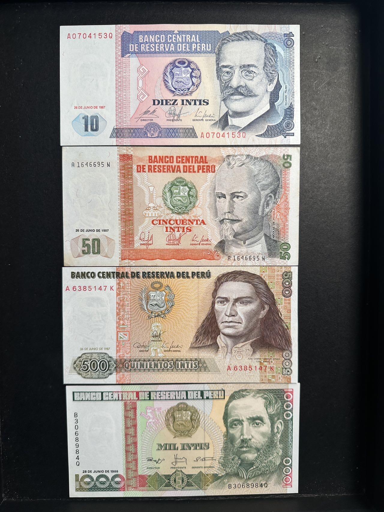 蒂克钱币-第47场 外国平价纸币拍卖 秘鲁 1987-1988年 1560印蒂 纸币 4枚 50面值有黄斑