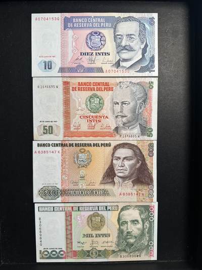 蒂克钱币-第47场 外国平价纸币拍卖 - 秘鲁 1987-1988年 1560印蒂 纸币 4枚 50面值有黄斑
