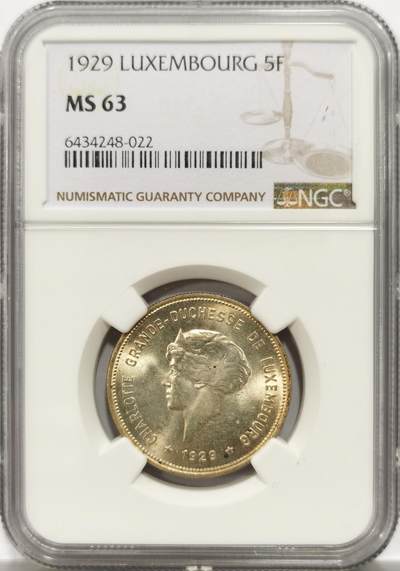 博洋堂世界钱币拍卖第146期（全场包邮） - NGC MS63 卢森堡1929年5法郎银币