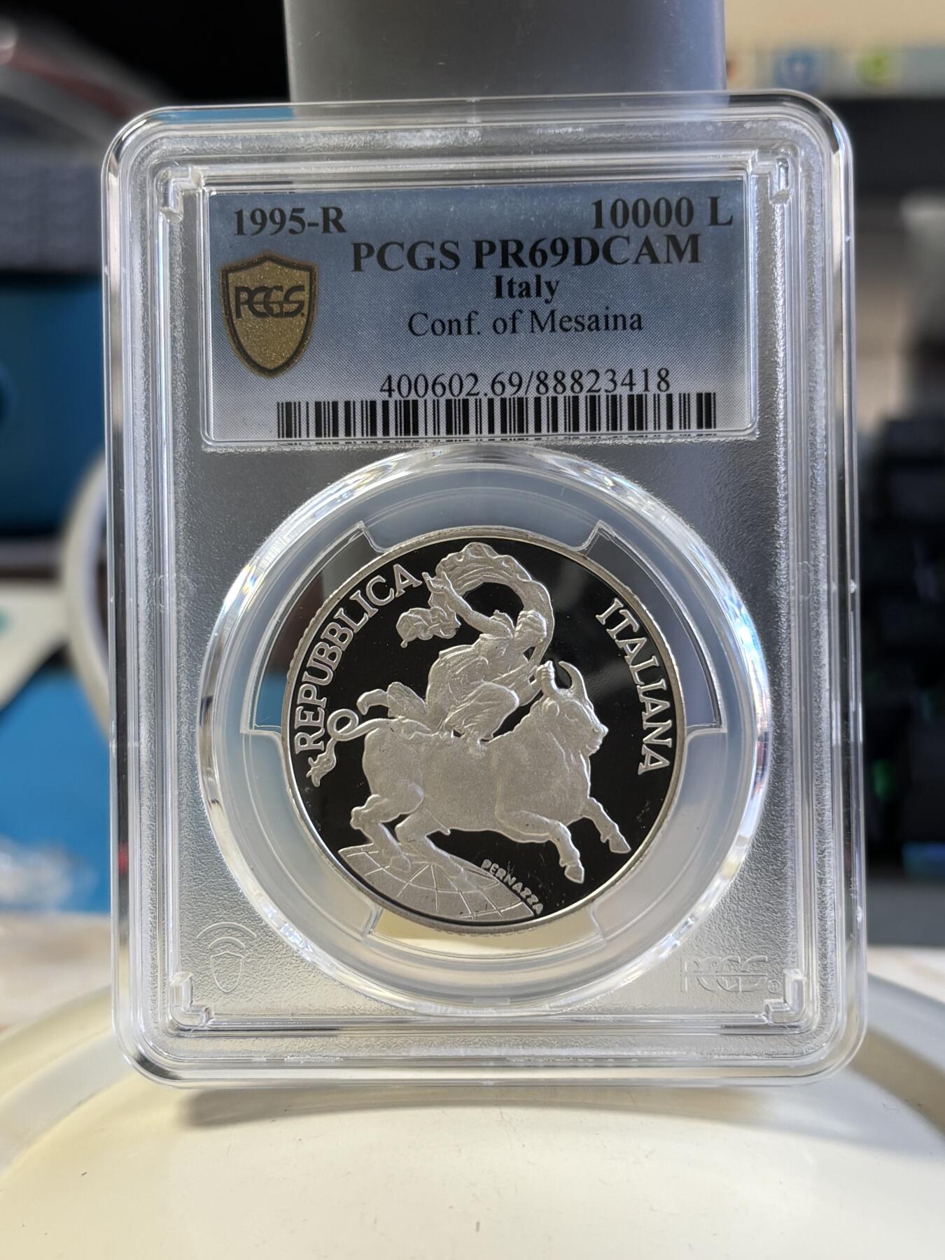 第181期拍卖 意大利1995年墨西拿海峡会议公牛女神精制纪念银币PCGS-PR69,835银，22克