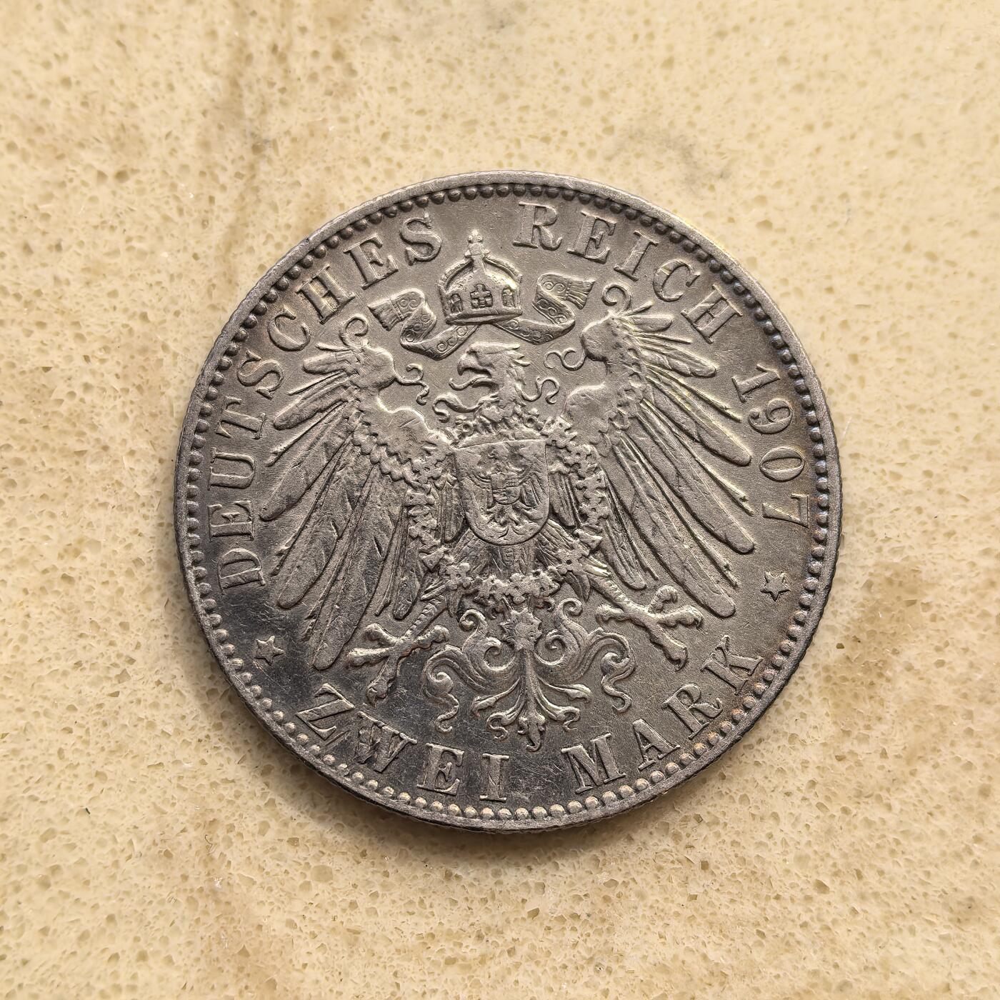 道一币馆币章第一百五十五场 普鲁士德国1907年萨克森2马克银币