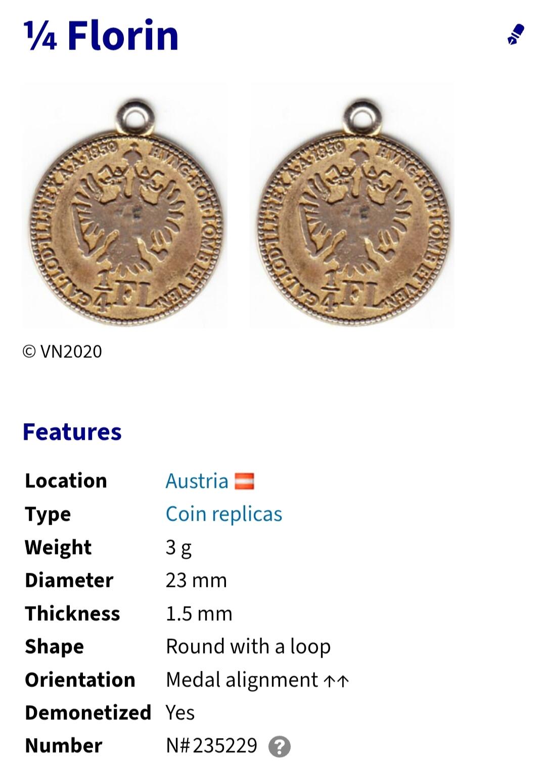 2025年第一百二十七场(总第一百五十三场）外国好品章牌、散币(免佣金) 奥地利1859年1/4福林代币，重2.27克(哈布斯堡代币)