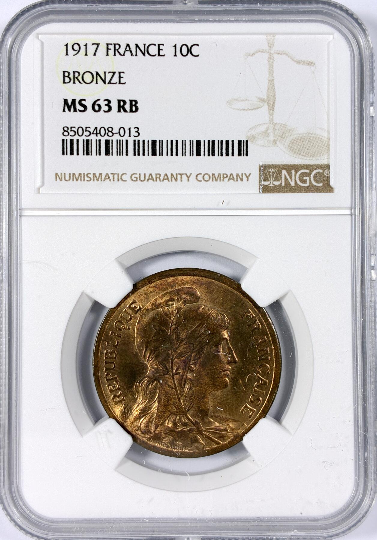 【雨安】【世界币章114期】2025-11-15 周六 19:30 保真 8秒倒数自动落锤 高效拍卖 [评级法国] France 法国 10分 1917年 NGC-MS63