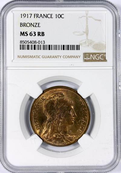 【雨安】【世界币章114期】2025-11-15 周六 19:30 保真 8秒倒数自动落锤 高效拍卖 - [评级法国] France 法国 10分 1917年 NGC-MS63