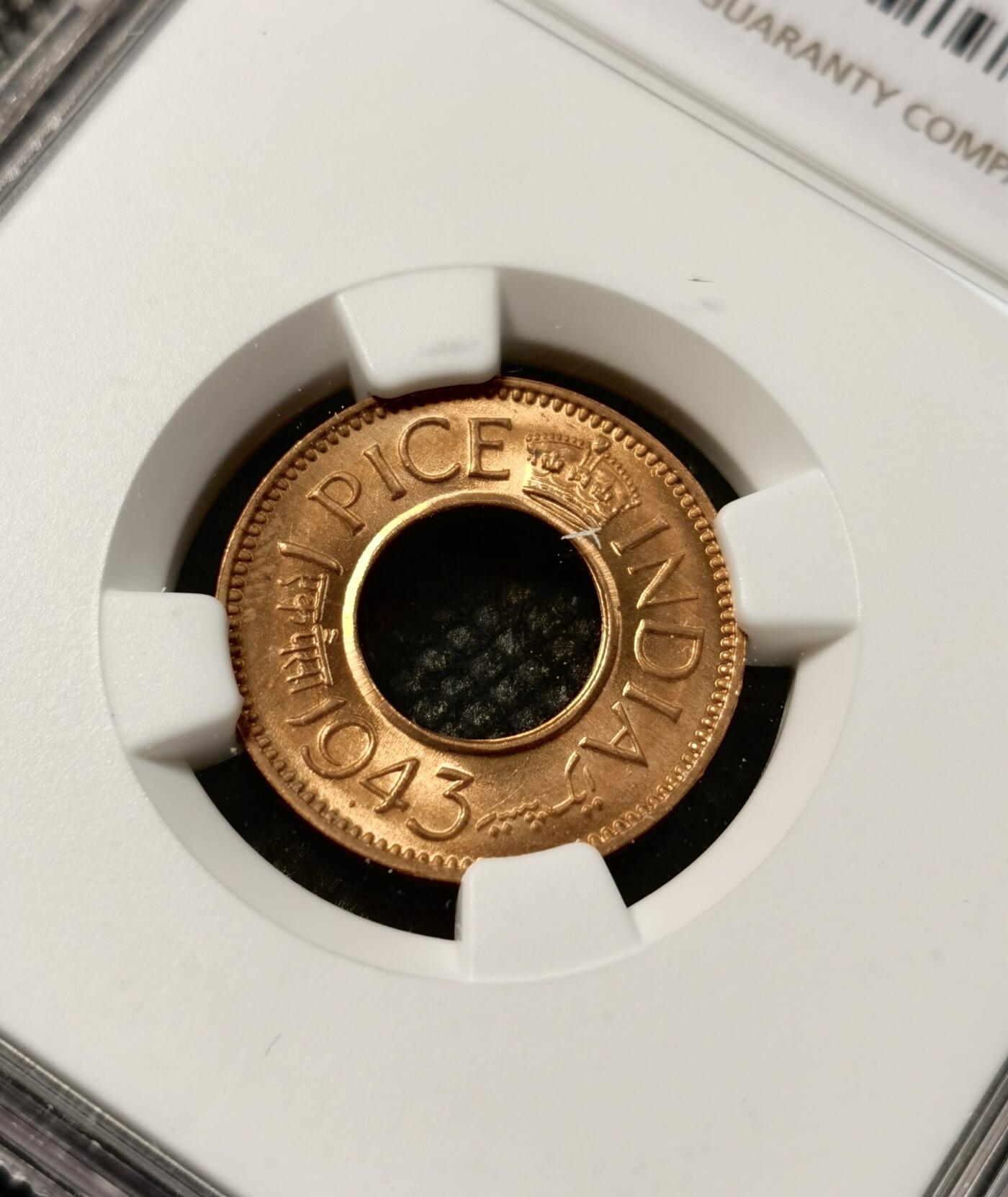 甄臻铺-世界币章拍卖（第39期）送拍享返佣金等优惠多多 NGC-MS67RD 1943年印度乔治六世1沙派，MS66-67两枚一组，卷拆拼品相，铜光圆润