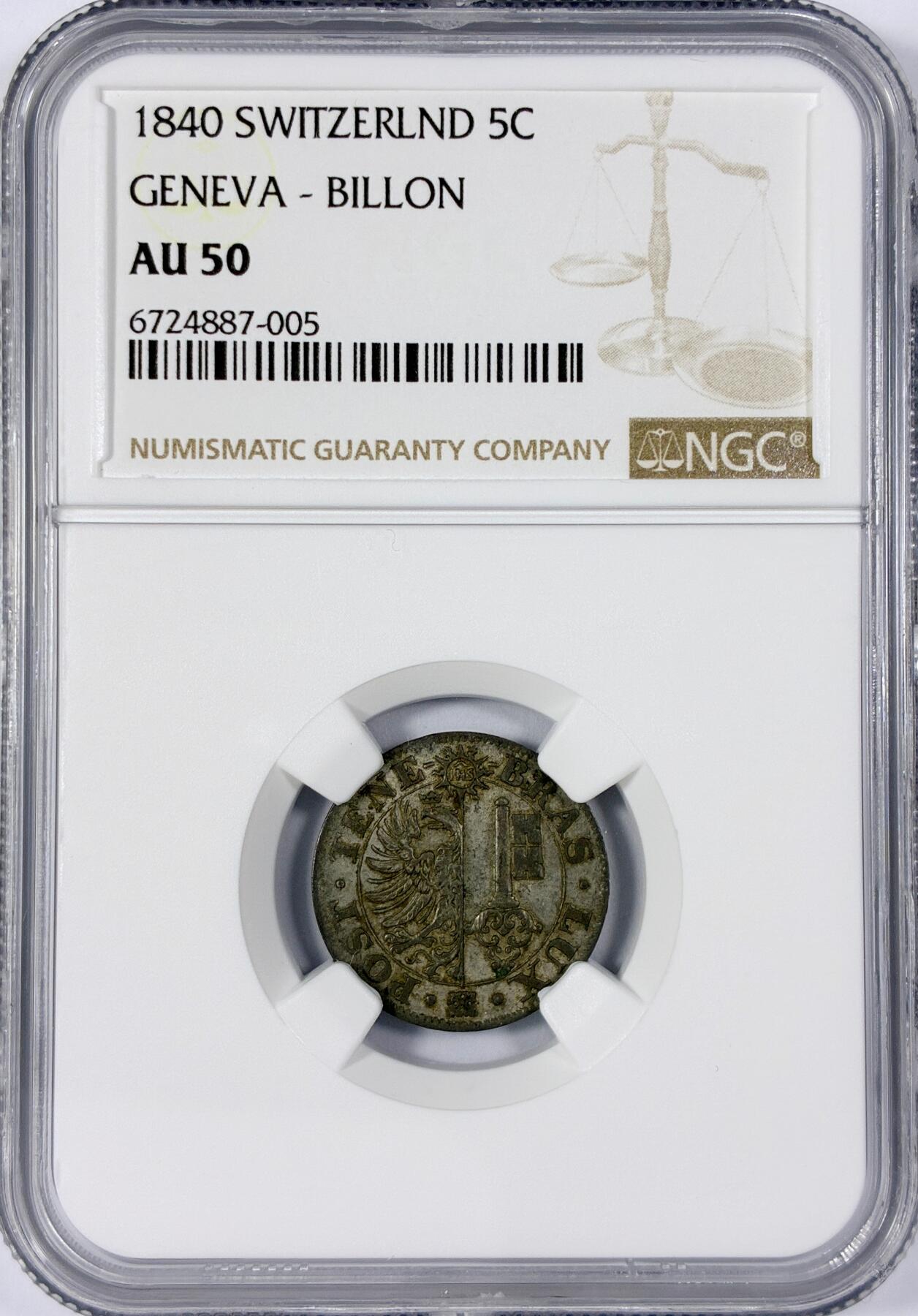 【雨安】【世界币章114期】2025-11-15 周六 19:30 保真 8秒倒数自动落锤 高效拍卖 [评级欧洲] Switzerland 瑞士 日内瓦 5分 1840年 NGC-AU50