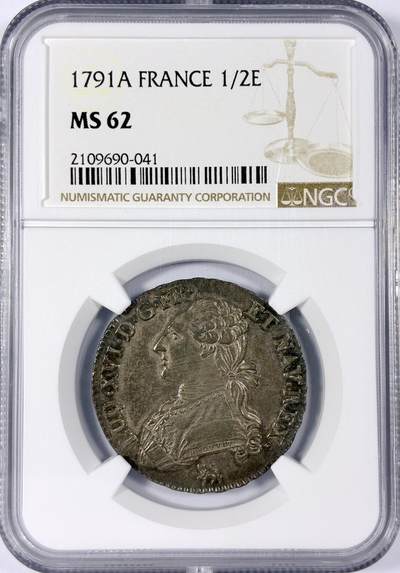 【雨安】【世界币章114期】2025-11-15 周六 19:30 保真 8秒倒数自动落锤 高效拍卖 - [评级法国] France 法国 1/2埃居 1791年 路易十六 NGC-MS62
