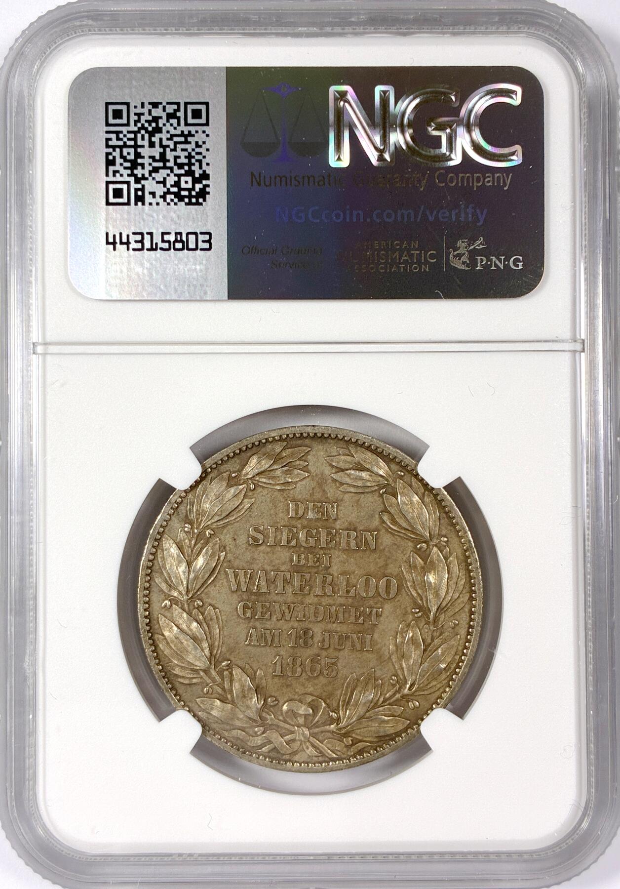 【雨安】【世界币章114期】2025-11-15 周六 19:30 保真 8秒倒数自动落锤 高效拍卖 [评级德国] Germany 德国 德意志 1泰勒 Hannover汉诺威 Thun.176 KM#0241 (1865) 滑铁卢 1865年 NGC-MS63