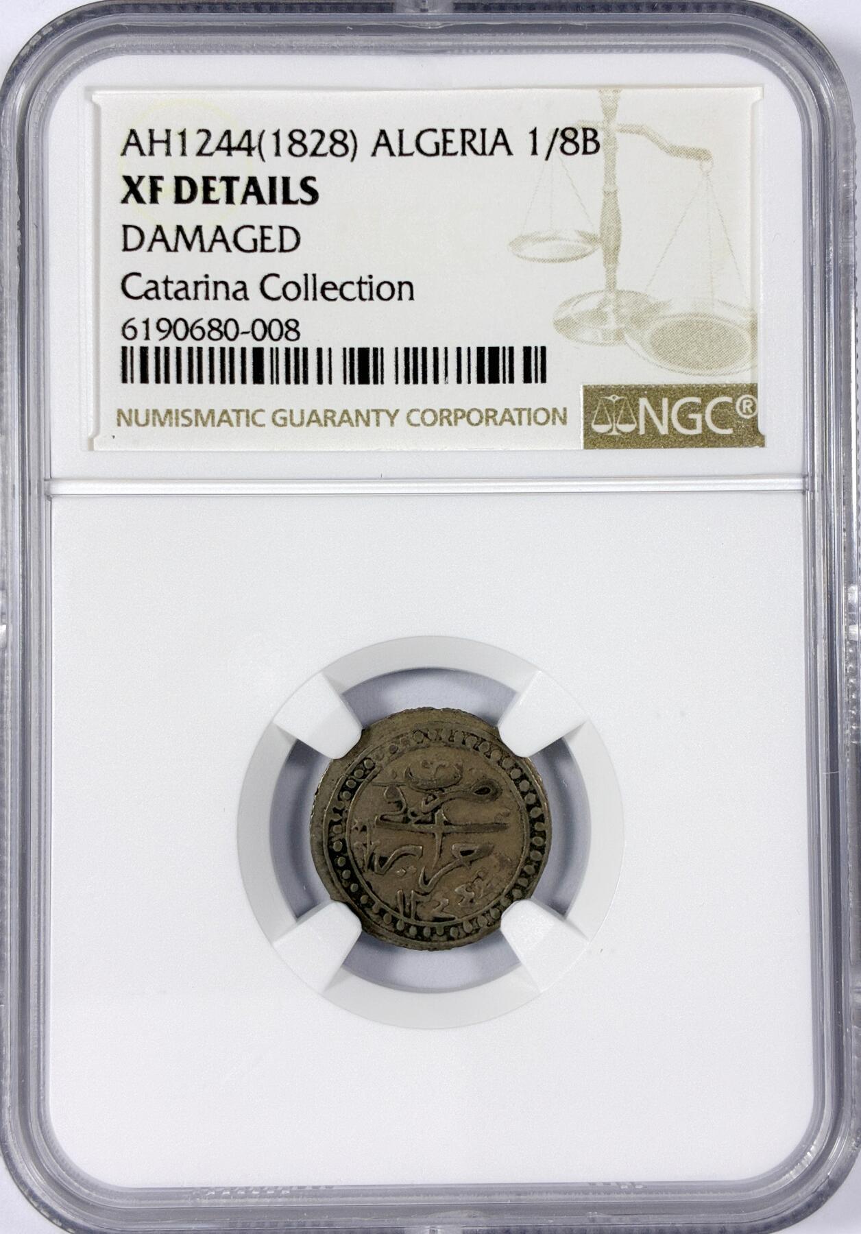 【雨安】【世界币章114期】2025-11-15 周六 19:30 保真 8秒倒数自动落锤 高效拍卖 [评级非洲] Algeria 阿尔及利亚 1/8B 1828年 NGC-XF