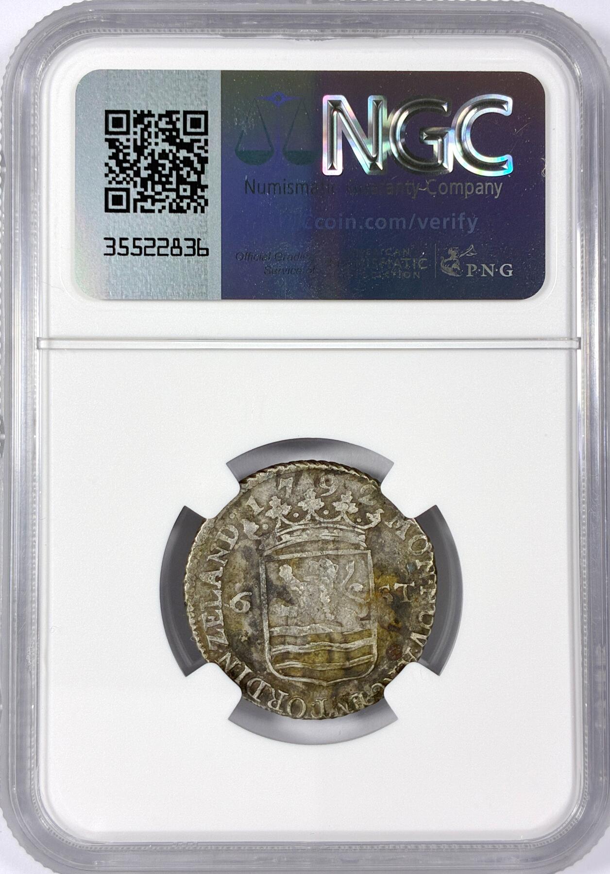 【雨安】【世界币章114期】2025-11-15 周六 19:30 保真 8秒倒数自动落锤 高效拍卖 [评级欧洲] Netherlands 荷兰 共和国 泽兰省 6Stuiver 帆船 1792年 NGC-XF