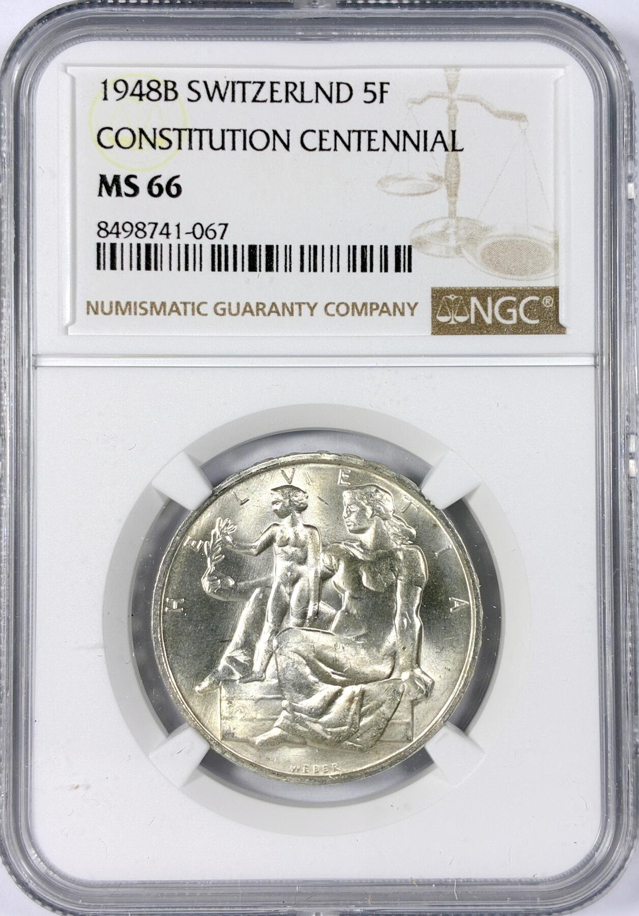 【雨安】【世界币章114期】2025-11-15 周六 19:30 保真 8秒倒数自动落锤 高效拍卖 [评级欧洲] Switzerland 瑞士 5法郎 1948年 瑞士宪法百年 KM#48 NGC-MS66