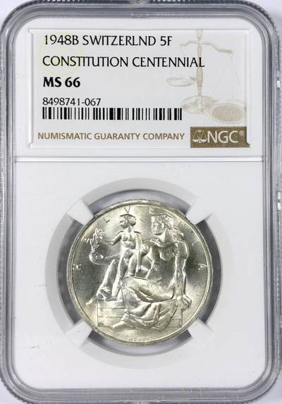 【雨安】【世界币章114期】2025-11-15 周六 19:30 保真 8秒倒数自动落锤 高效拍卖 - [评级欧洲] Switzerland 瑞士 5法郎 1948年 瑞士宪法百年 KM#48 NGC-MS66
