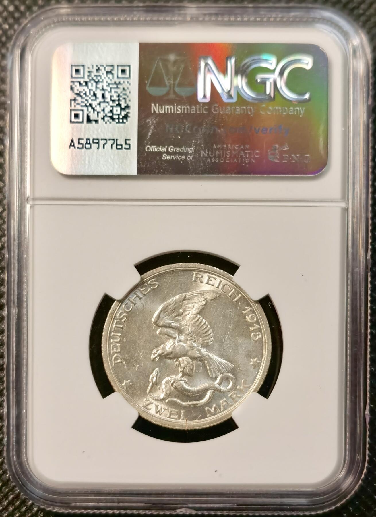 甄臻铺-世界币章拍卖（第39期）送拍享返佣金等优惠多多 NGC-MS62 1913年德国普鲁士拿破仑战役胜利2马克 状态极佳 绝对低评