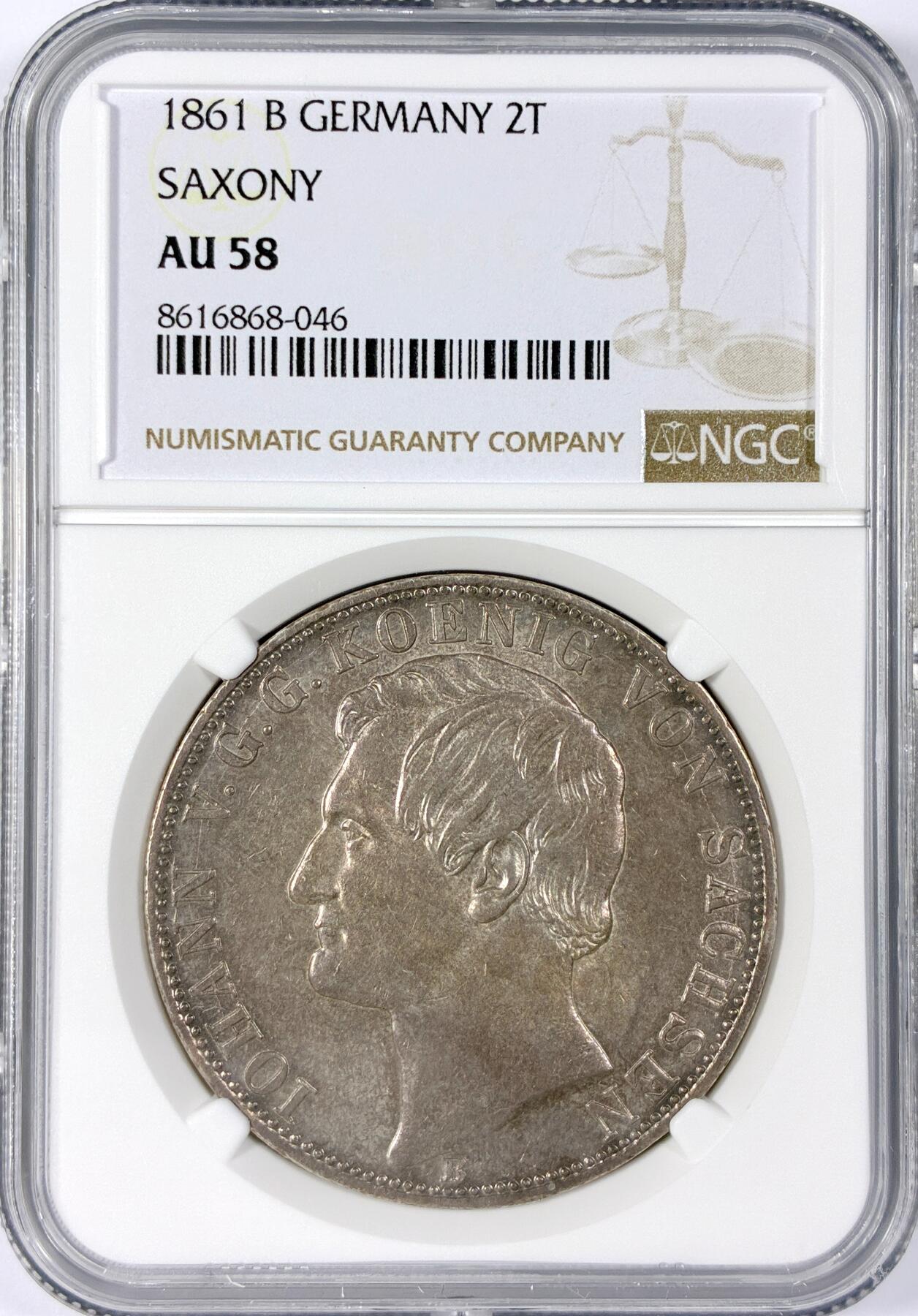 【雨安】【世界币章114期】2025-11-15 周六 19:30 保真 8秒倒数自动落锤 高效拍卖 [评级德国] Germany 德国 德意志 2泰勒 Saxony萨克森 Thun.347 KM#1215 (1861) 约翰.双狮 1861年 NGC-AU58