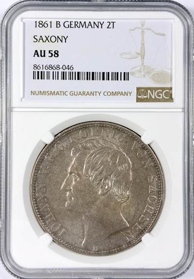 【雨安】【世界币章114期】2025-11-15 周六 19:30 保真 8秒倒数自动落锤 高效拍卖 - [评级德国] Germany 德国 德意志 2泰勒 Saxony萨克森 Thun.347 KM#1215 (1861) 约翰.双狮 1861年 NGC-AU58