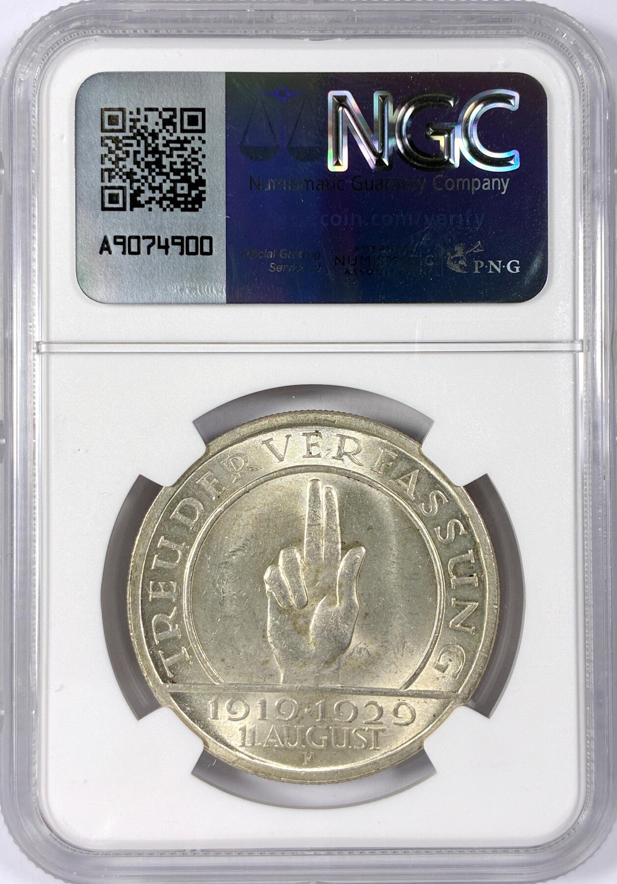 【雨安】【世界币章114期】2025-11-15 周六 19:30 保真 8秒倒数自动落锤 高效拍卖 [评级德国] Germany 德国 魏玛 5马克 KM#64 魏玛宪法 1929年 NGC-MS62