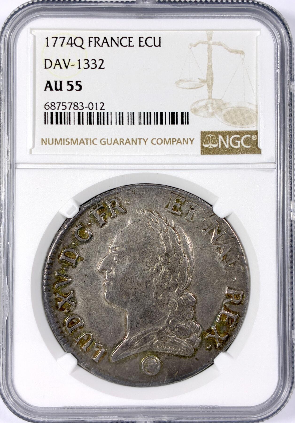 【雨安】【世界币章114期】2025-11-15 周六 19:30 保真 8秒倒数自动落锤 高效拍卖 [评级法国] France 法国 1埃居 1774年 路易十五 老年版 NGC-AU55 老年版这个品相非常难得