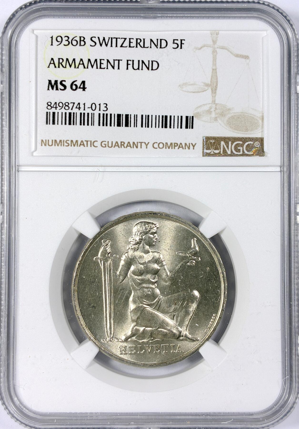 【雨安】【世界币章114期】2025-11-15 周六 19:30 保真 8秒倒数自动落锤 高效拍卖 [评级欧洲] Switzerland 瑞士 5法郎 1936年 军备基金 KM# 41 NGC-MS64