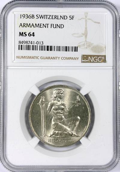 【雨安】【世界币章114期】2025-11-15 周六 19:30 保真 8秒倒数自动落锤 高效拍卖 - [评级欧洲] Switzerland 瑞士 5法郎 1936年 军备基金 KM# 41 NGC-MS64