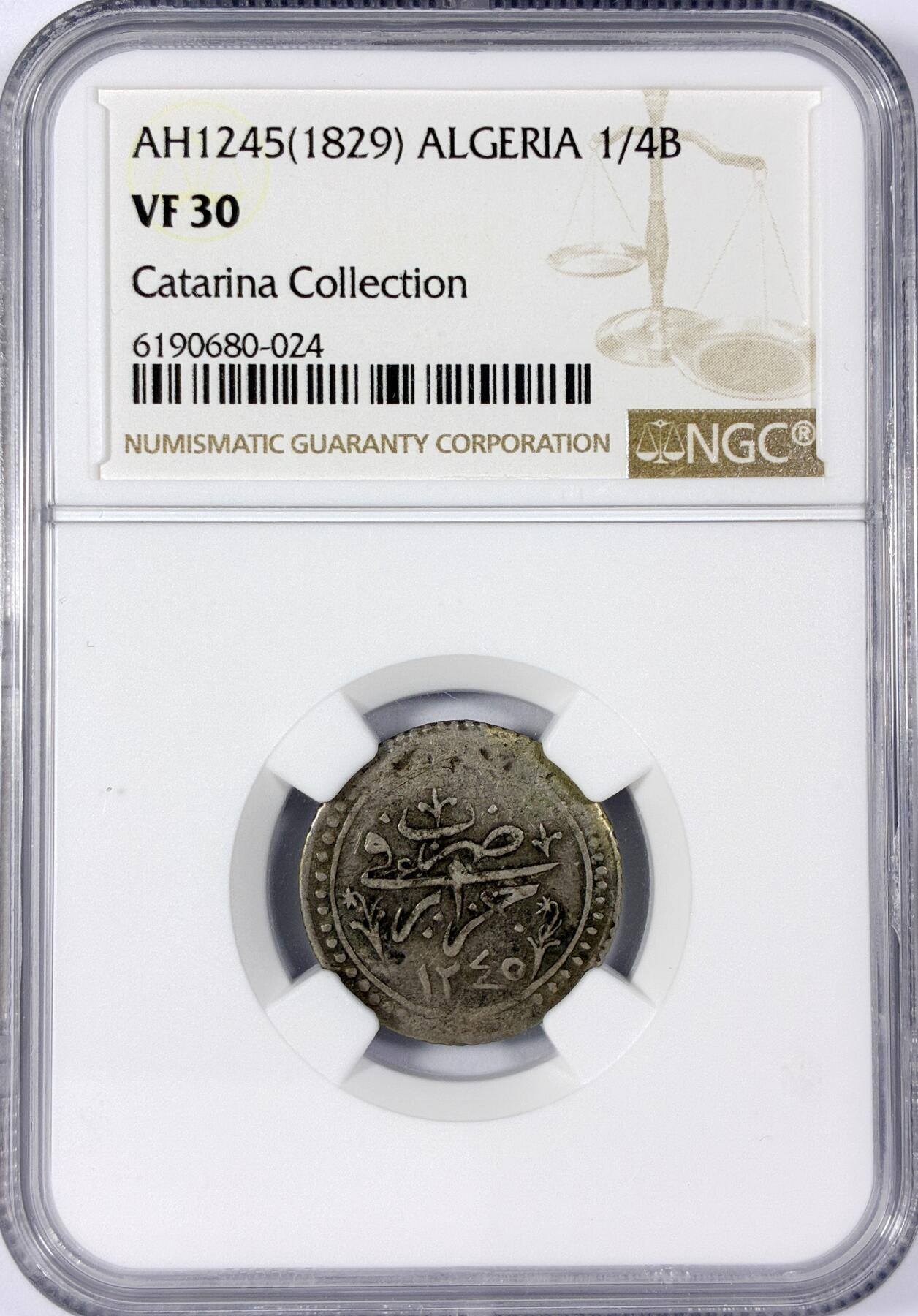 【雨安】【世界币章114期】2025-11-15 周六 19:30 保真 8秒倒数自动落锤 高效拍卖 [评级非洲] Algeria 阿尔及利亚 1/4B 1829年 NGC-VF30 名人旧藏 Catarina Collection